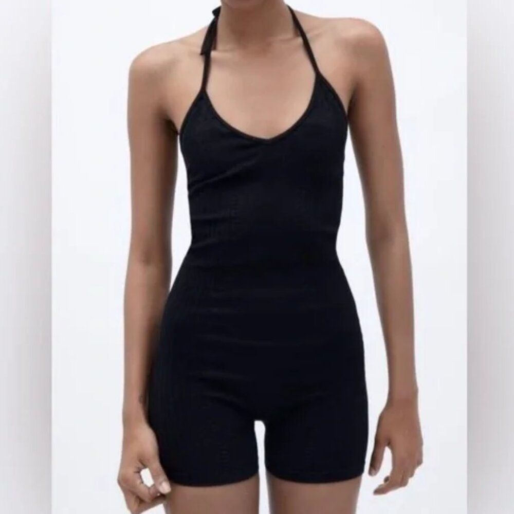 Zara Limitless Contour Collection Knit Bodysuit Black Cutout Shorts Size M-L